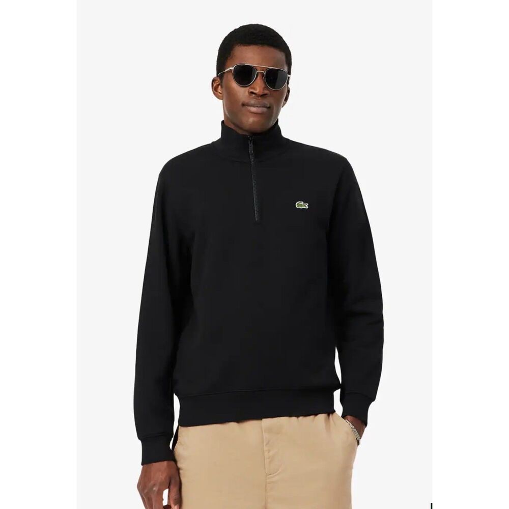 LACOSTE Black Quarter Zip Pockets High Neck, 100% Cotton, Sz 3 (S)